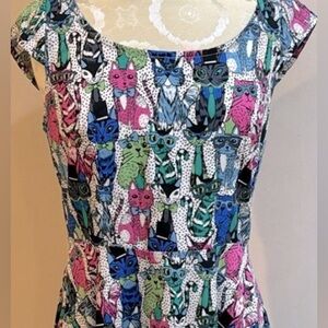 AYLI Cats Multi Colors Scoop Neck Cap Sleeve Zip Unlined Retro Swing Dress L